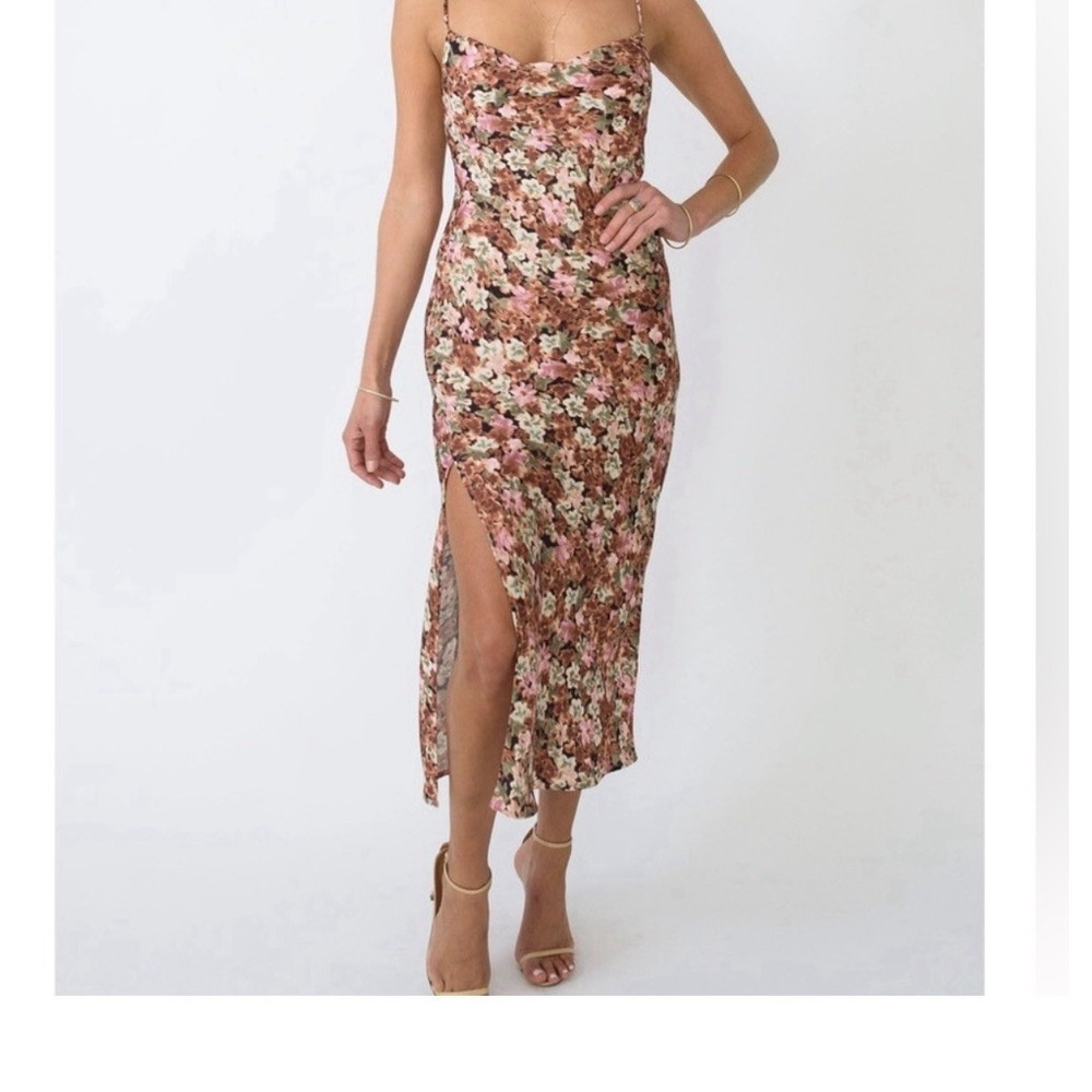Resa M Floral‎ Satin Midi Dress Cowl Neck Slit Slip Dress Romantic Garden 90s